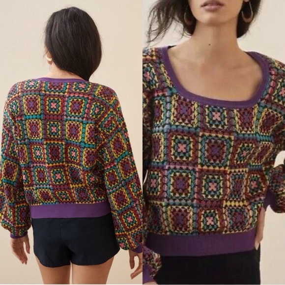 FARM RIO Pullover Multicolor Square Neck Crochet Sweater Sz S - Picture 1 of 5
